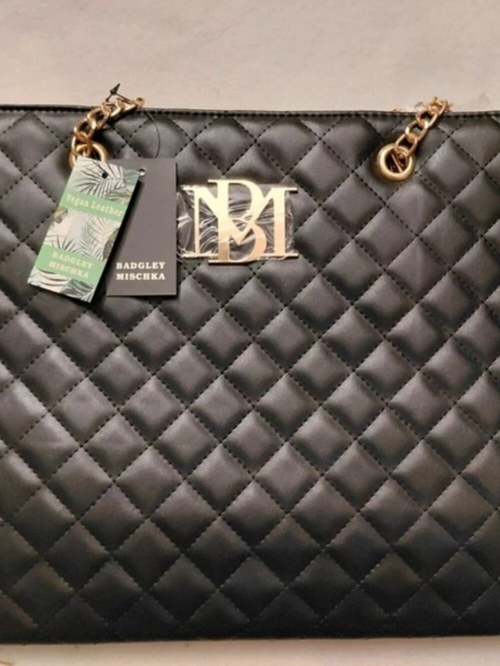 Badgley Mischka Large Black Quilted Vegan Leather Tote Bag (BMH-108)